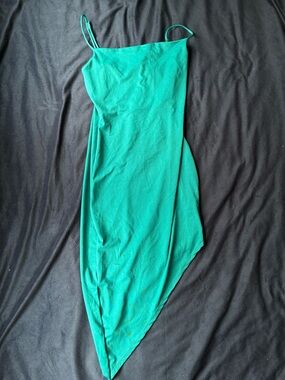 Asymmetrical Green Slip Dress - Spaghetti Strap